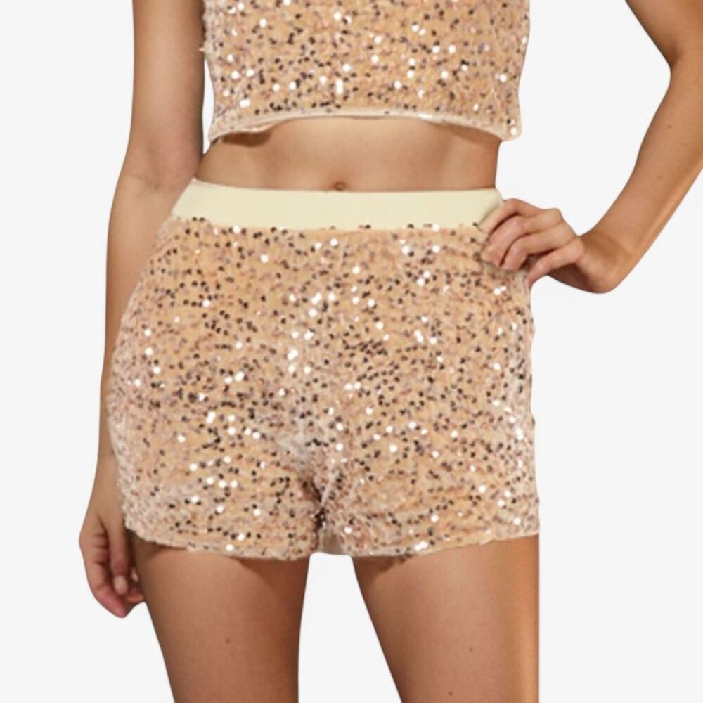 Alilang Women's High-Waisted Sequin Shorts with Elastic Waistband - Medium Gold